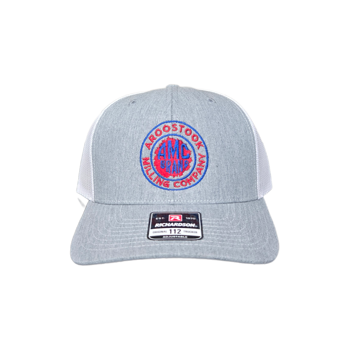 Gray cap with red and blue logo on a white background