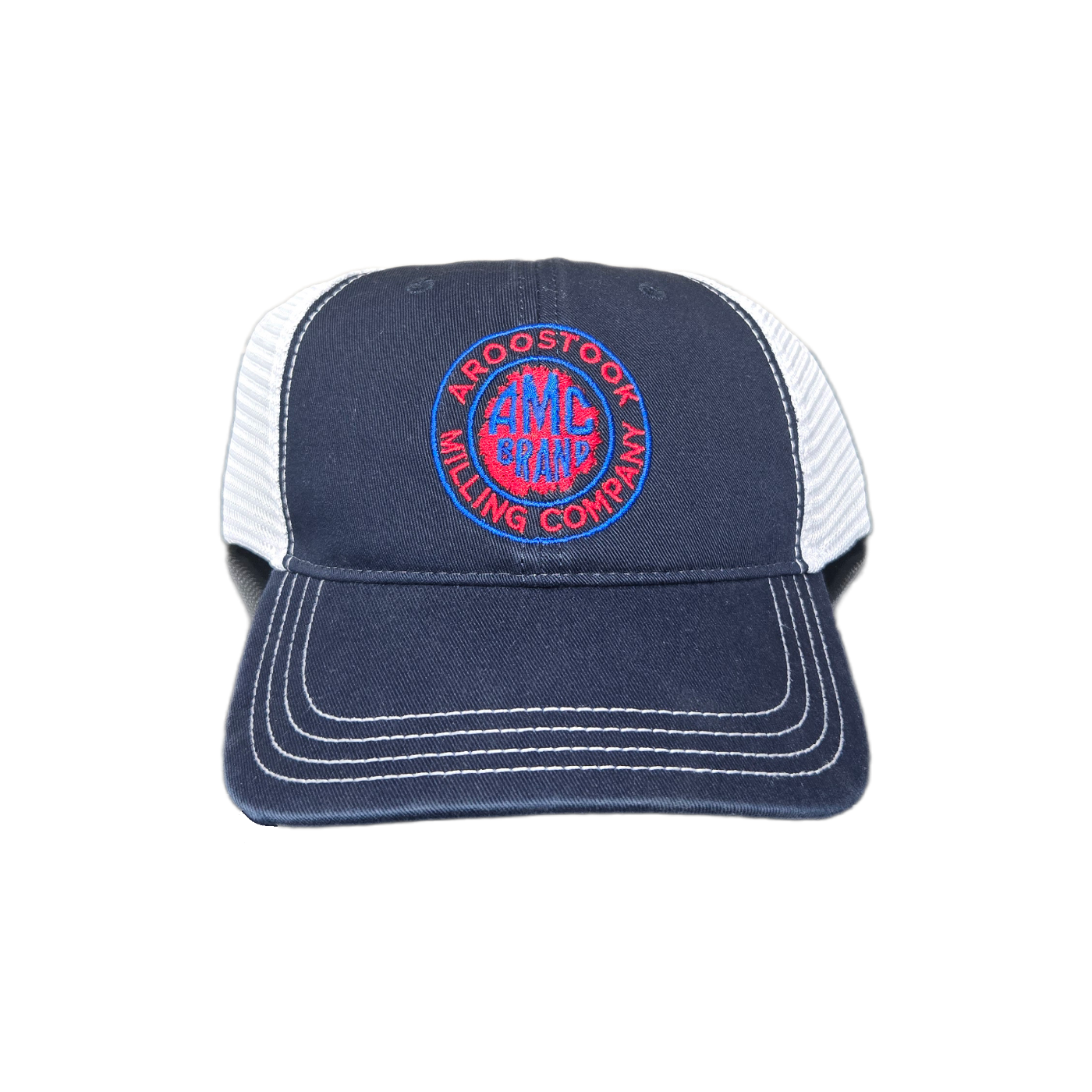 Navy blue and white cap with a red and blue logo on a white background