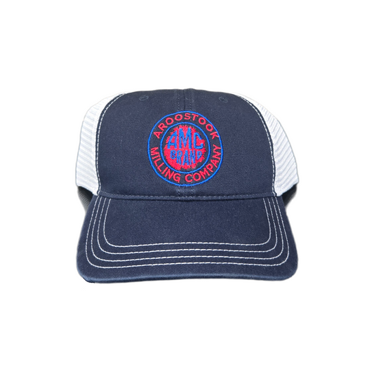 Navy blue and white cap with a red and blue logo on a white background