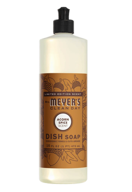 Meyer's Clean Day dish soap bottle with a brown label on a white background