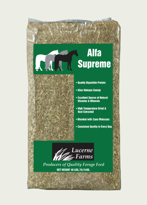 Bag of Alfalfa Supreme horse feed with Lucerne Farms branding on a light gray background