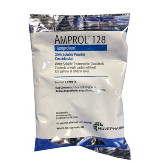 Amprol 128 soluble powder packaging with HuvePharma branding on a white background