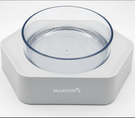 Pet water bowl with 'McLovin's' branding on a white background