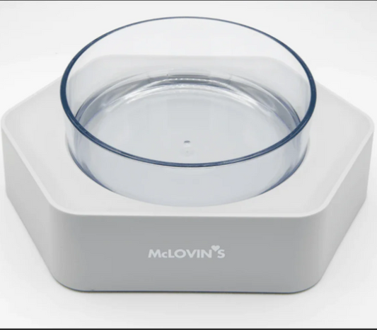 Pet water bowl with 'McLovin's' branding on a white background