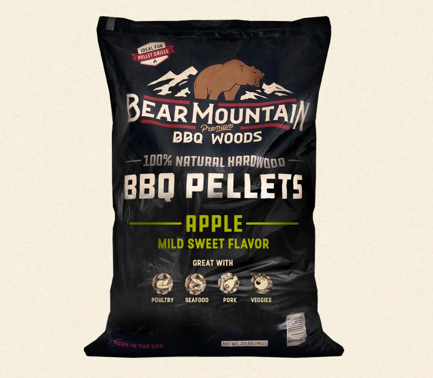 Bag of Bear Mountain apple flavor bbq pellets on a white background.