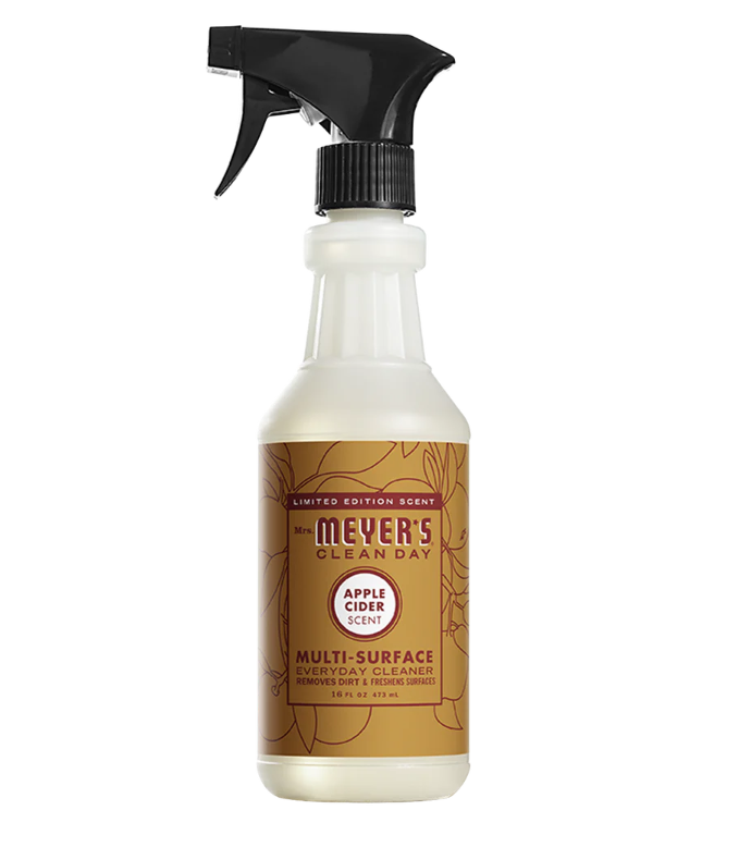 Meyer's Clean Day multi-surface cleaner bottle with apple cider scent on a white background