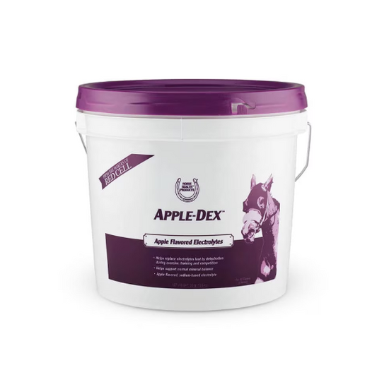 White container with purple lid labeled 'Apple-Dex' on a white background