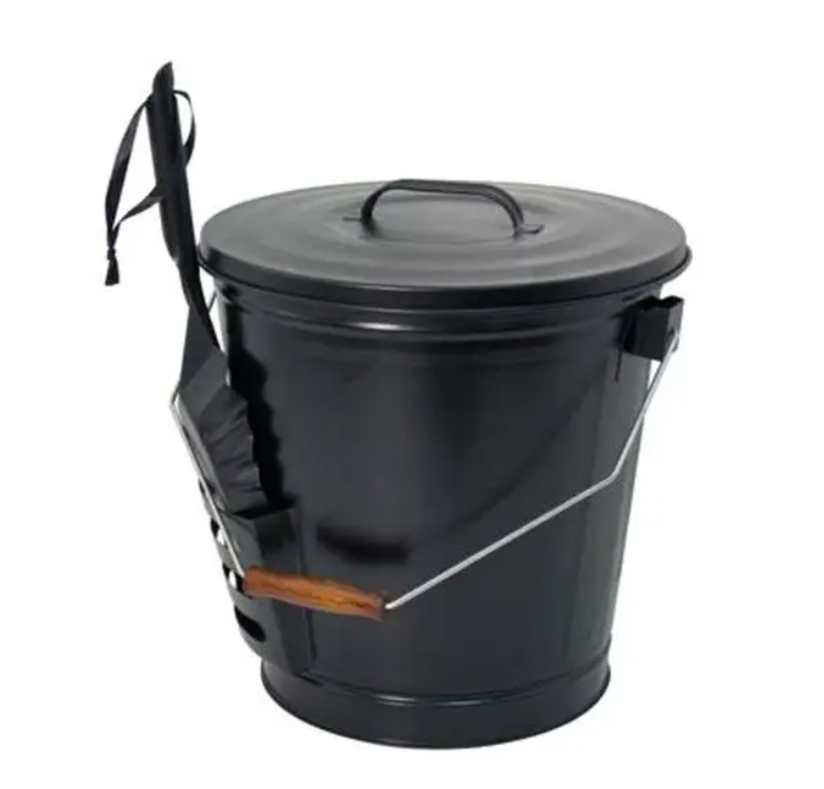 Black metal trash can with a wooden handle on a white background