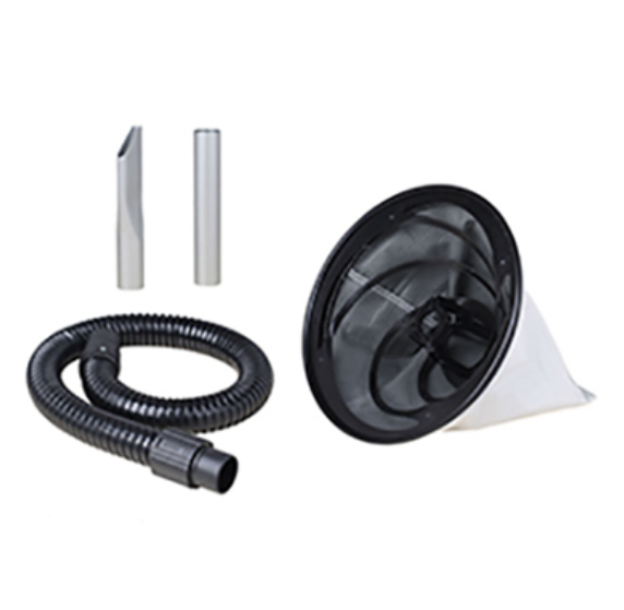 Set of vacuum cleaner parts including a hose, nozzle, and filter on a white background