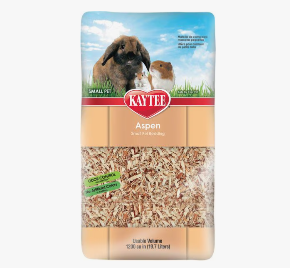 Kaytee Aspen small pet bedding package with rabbits on the label
