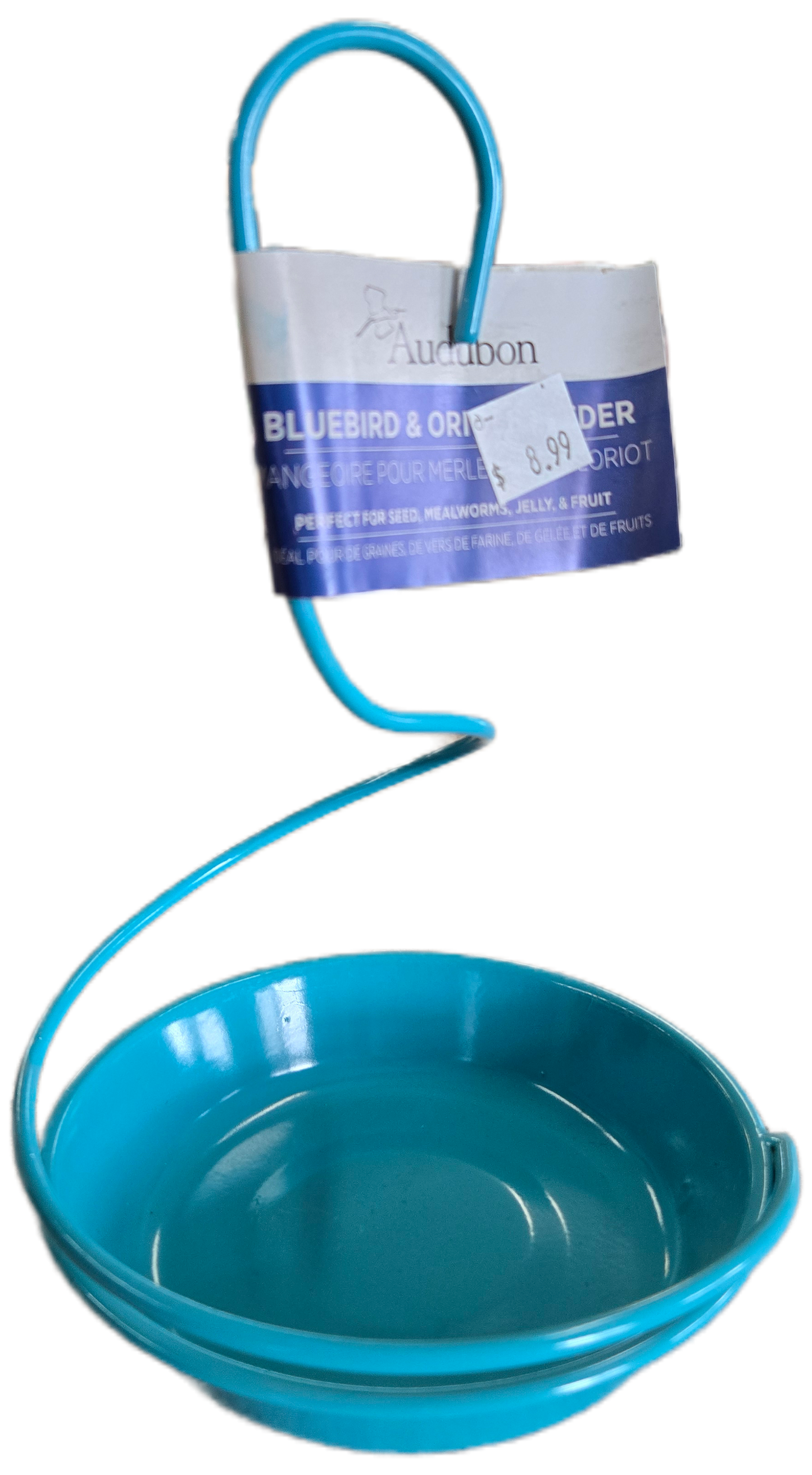 Blue bird feeder with a handle on a white background