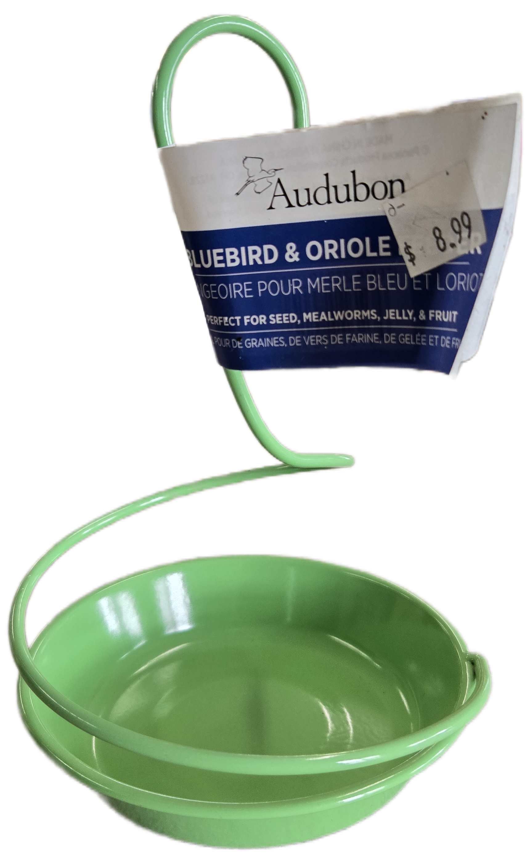 Green metal bird feeder with a curved hook on a white background