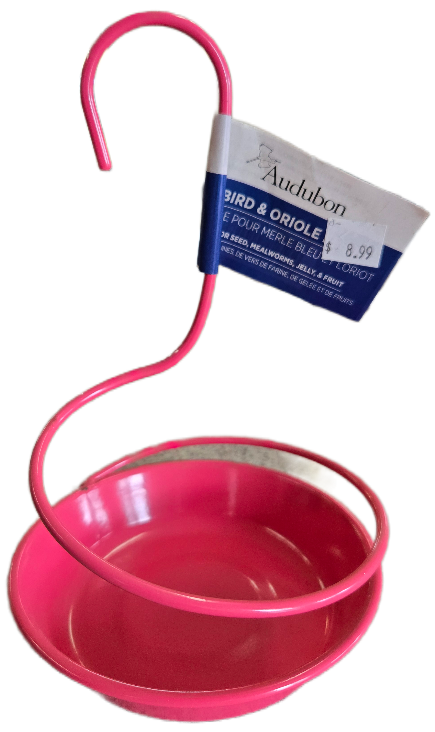 Pink bird feeder with a tag on a white background