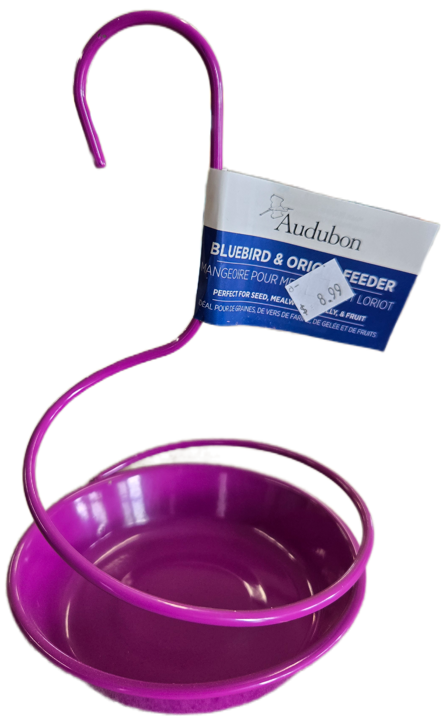 Purple bird feeder with Audubon label on a white background