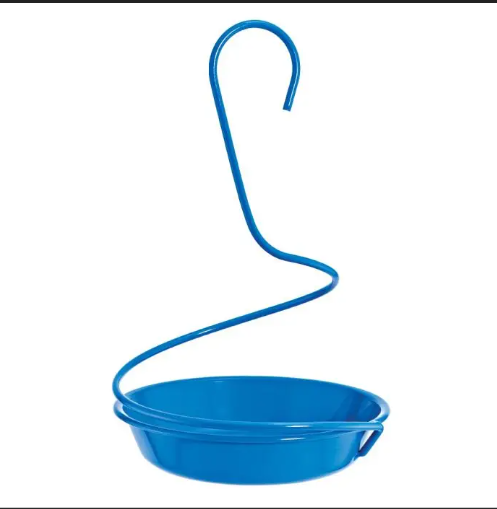 Blue metal hanging bird feeder with curved hook on a white background