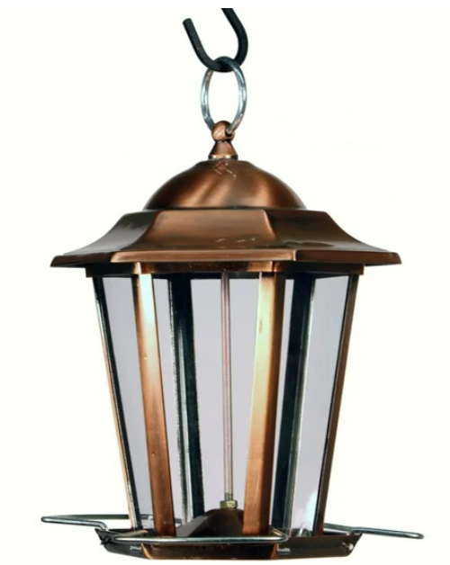 Bronze-colored hummingbird feeder with clear glass panels on a white background