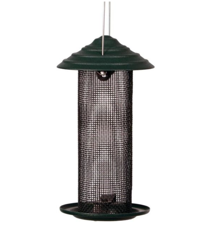 Green bird feeder with mesh side on a white background