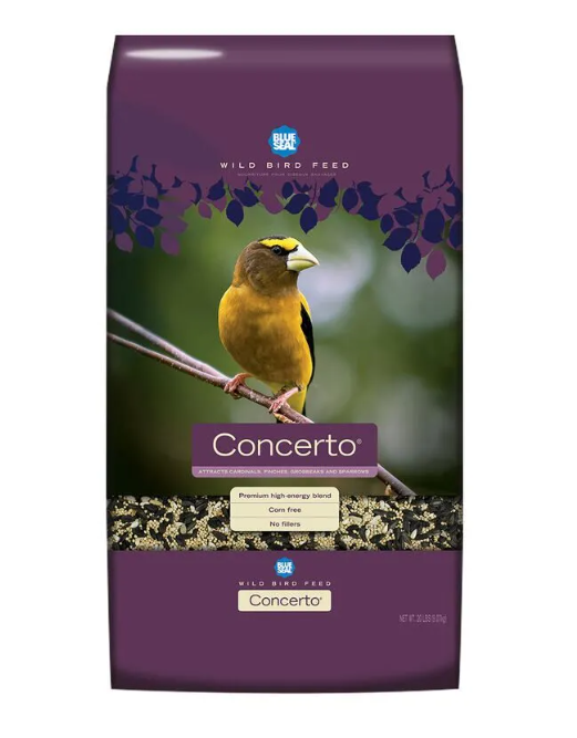 Bag of Concerto wild bird feed with a bird on a branch on a white background