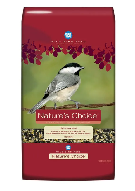 Nature's Choice wild bird feed bag with a chickadee illustration on a red background