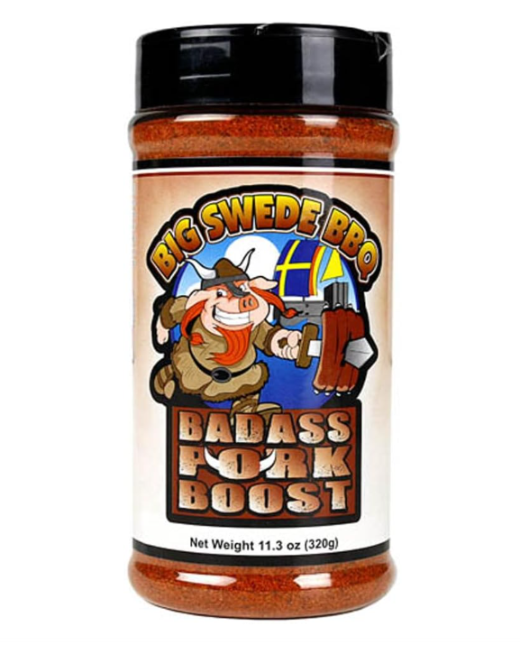 Bottle of Big Swede Pig Badass Pork Boost seasoning on a white background.