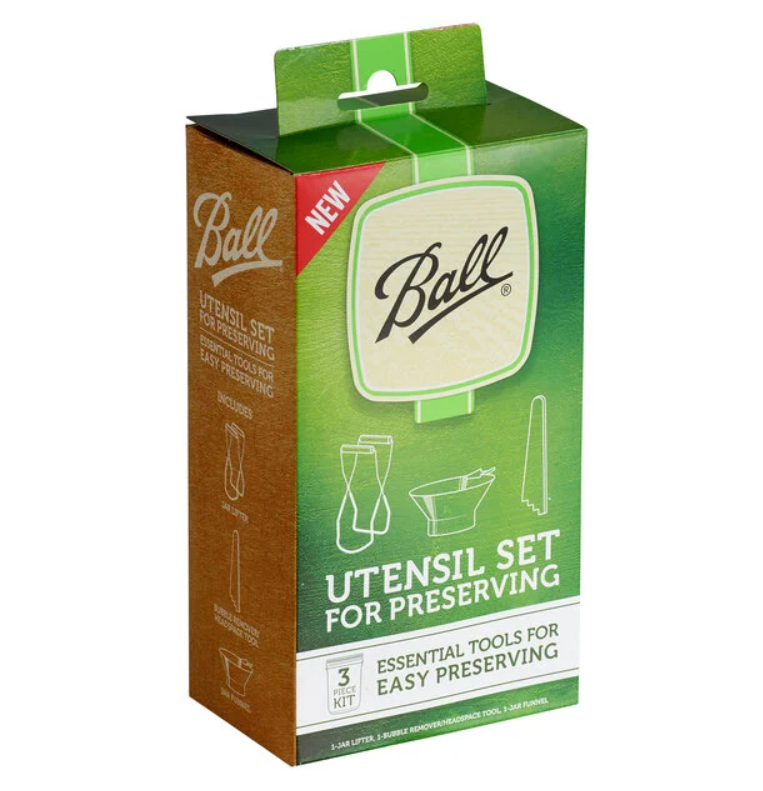 Box of Ball brand canning utensils on a white background.
