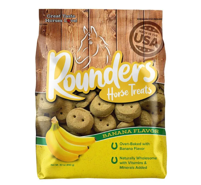 Bag of Banana flavored Rounders Horse Treats on a white background.