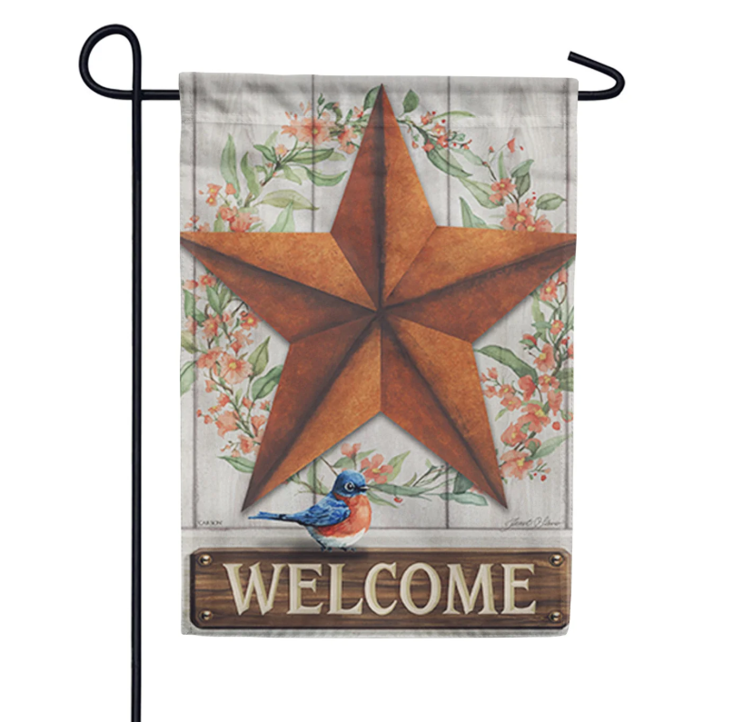 Decorative garden flag with a large star and 'Welcome' text on a floral background.