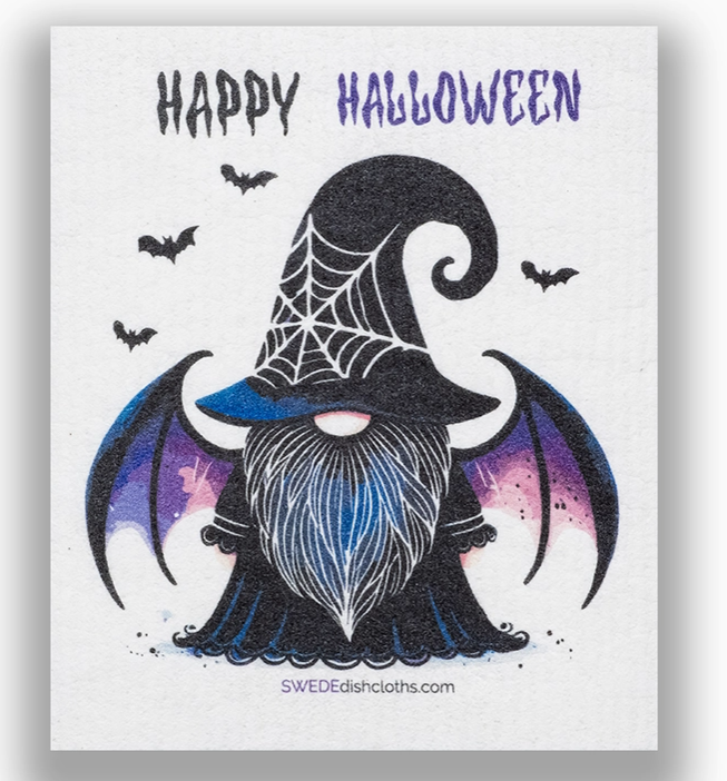 Halloween-themed gnome with a witch hat and spider web design, featuring 'Happy Halloween' text.