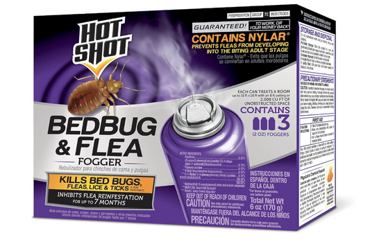 Hot Shot bedbug and flea fogger packaging with purple and white design.
