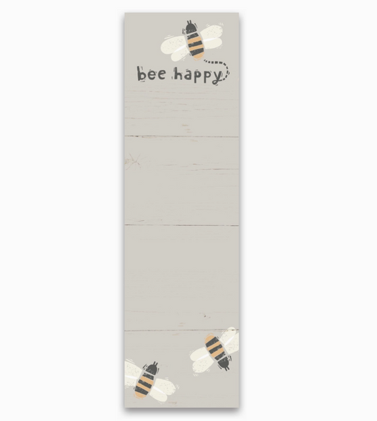 Magnetic notepad featuring bees and "bee happy" sentiment on a white backgroung.