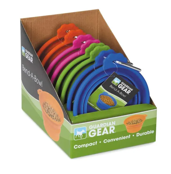 Display box filled with collapsible pet bowls in a variety of colors on a white background.