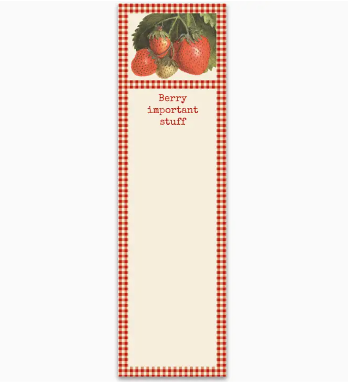 Notepad with strawberry design and text 'Berry important stuff' on a white background