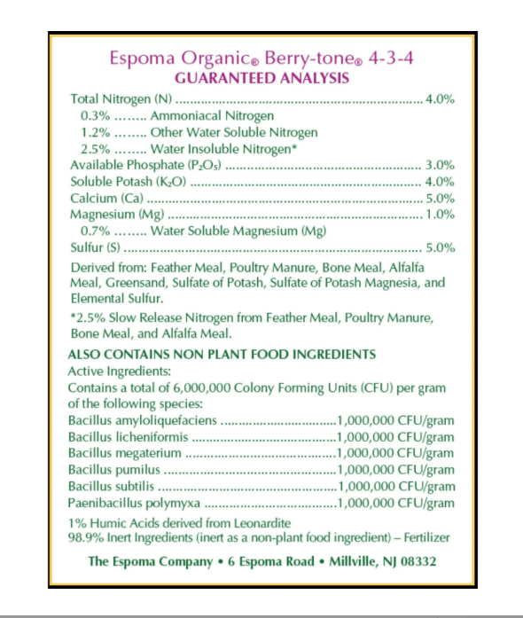 Espoma Organic Berry-tone fertilizer label with guaranteed analysis and ingredients list.