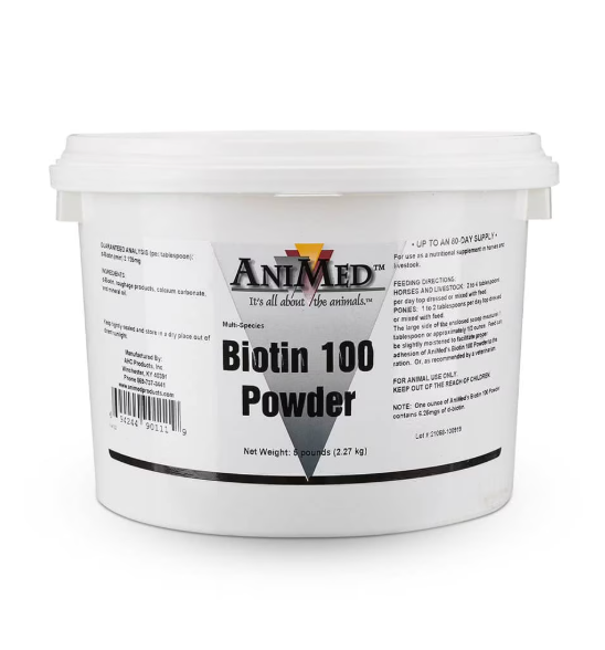 White container of AniMed Biotin 100 Powder on a white background