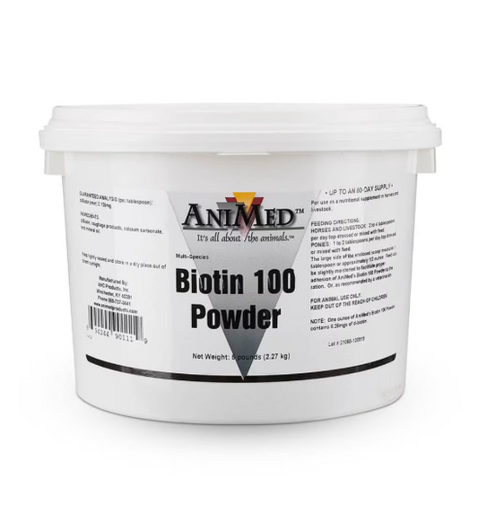 White container of AniMed Biotin 100 Powder on a white background