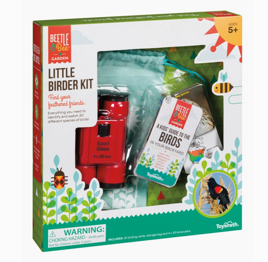 Beetle & Bee Little Birder Kit packaging with birdwatching equipment and educational materials.