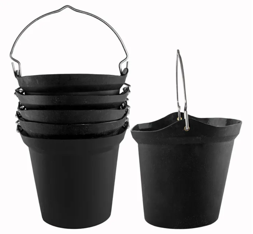 Set of black buckets with handles on a white background