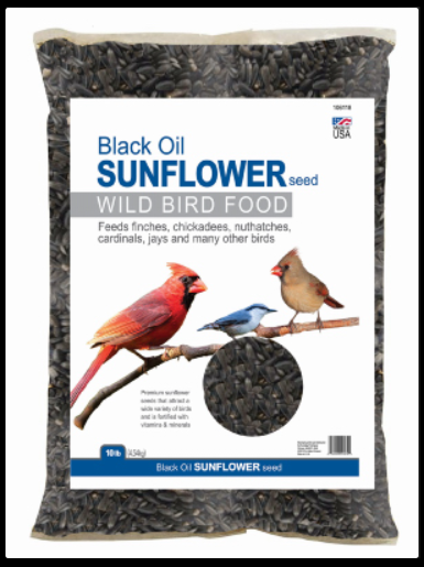 Bag of black oil sunflower seed wild bird food with bird illustrations on a white background