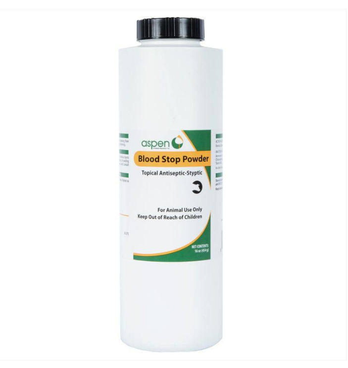 White container of Aspen Blood Stop Powder on a white background
