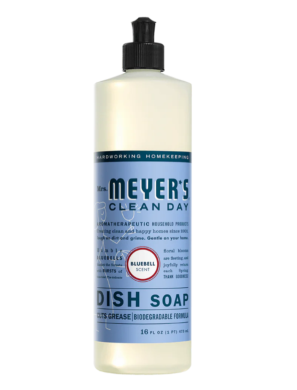 Bottle of Mrs. Meyers Bluebell scented dish soap on a white background.