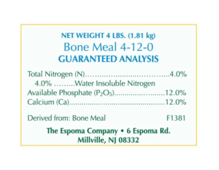 Bone Meal fertilizer label with guaranteed analysis details on a white background