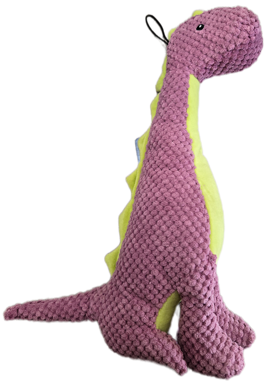 Purple brachiosaurus dog toy on a white background.
