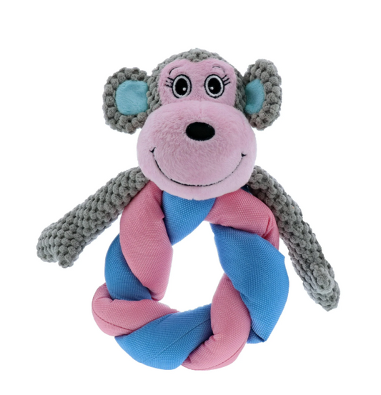 Plush monkey head dog toy attached to a braided ring body, on a white background.