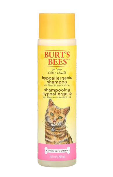Burt's Bees hypoallergenic shampoo for cats with a yellow label and cat illustration on a white background.