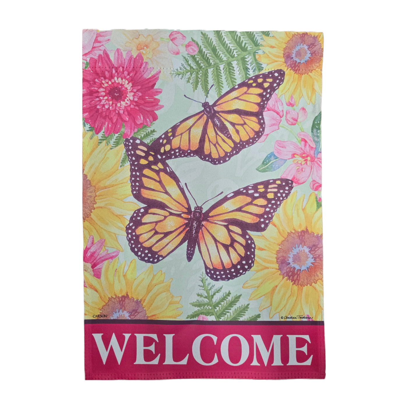 Decorative garden flag with butterflies and flowers and the word 'WELCOME'.