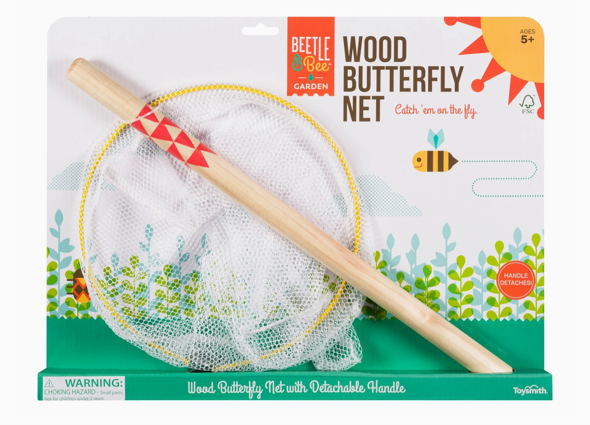 Wood butterfly net with detachable handle on its packaging