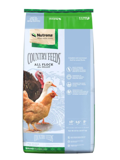 Nutrena Country Feeds all flock feed bag with chickens on a white background