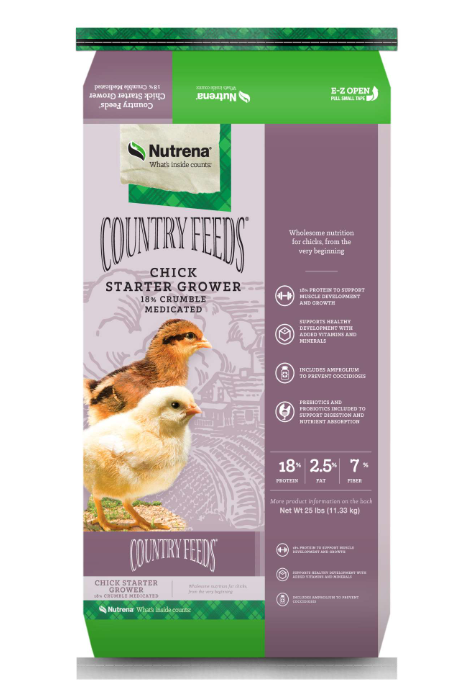Nutrena Country Feeds Chick Starter Grower package with chickens on a white background