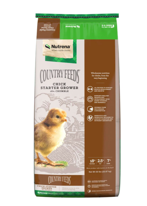 Nutrena Country Feeds Chick Starter Grower feed bag with a chick illustration on a white background