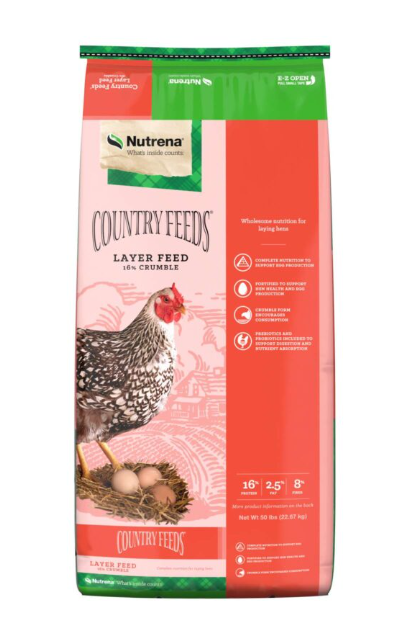 Nutrena Country Feeds Layer Feed bag with a chicken illustration on a white background